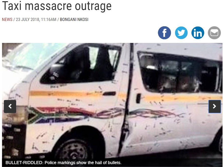 銃痕だらけになったミニバスタクシー（画像は『IOL News　2018年7月23日付「Taxi massacre outrage」』のスクリーンショット）