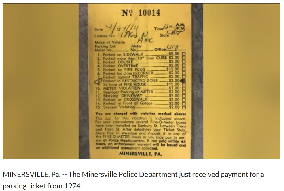 44年前の駐車料金チケット（画像は『WNEP.com　2018年6月29日付「44 Year Old Ticket Paid in Minersville」』のスクリーンショット）