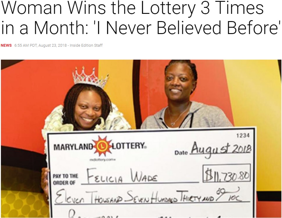 宝くじに3回当選、合わせて800万円超をゲットした女性（画像は『Inside Edition　2018年8月23日付「Woman Wins the Lottery 3 Times in a Month: ‘I Never Believed Before’」』のスクリーンショット）