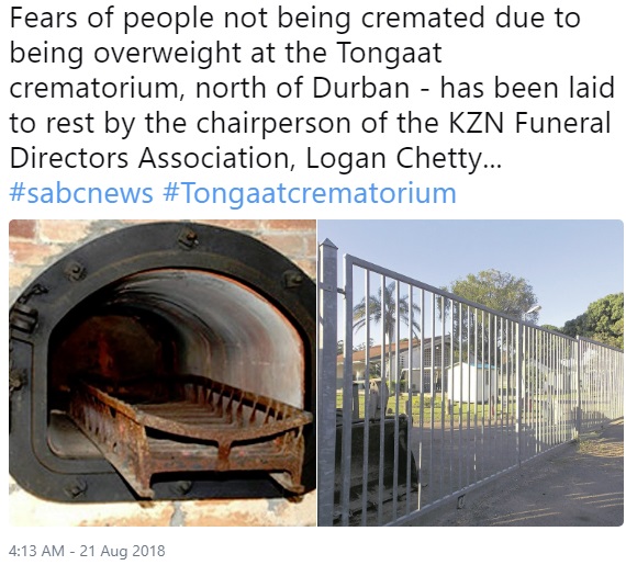 古くなった火葬炉（画像は『Newsbreak　2018年8月21日付Twitter「Fears of people not being cremated due to being overweight at the Tongaat crematorium, north of Durban - has been laid to rest by the chairperson of the KZN Funeral Directors Association, Logan Chetty...」』のスクリーンショット）