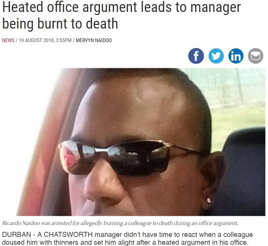 上司に火を放ち逃走した男（画像は『IOL News　2018年8月19日付「Heated office argument leads to manager being burnt to death」』のスクリーンショット）