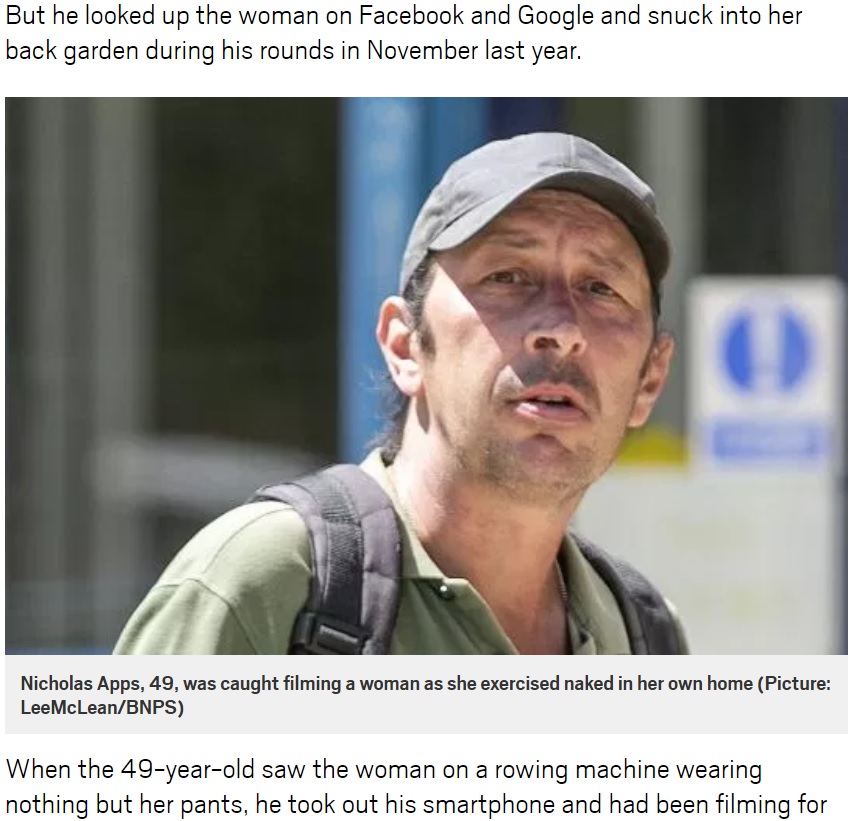 配達先の女性の姿を盗撮した男（画像は『Metro　2018年8月5日付「Angry husband finds postman hiding in the garden filming his naked wife」（Picture: LeeMcLean/BNPS）』のスクリーンショット）