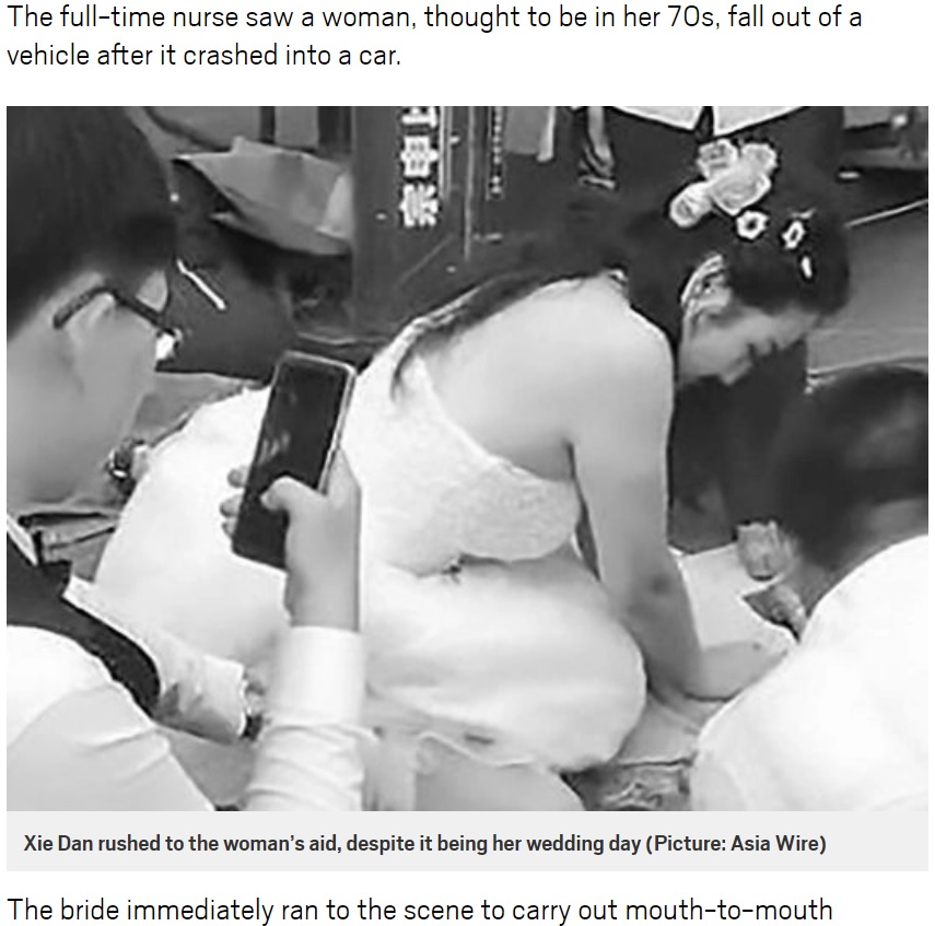 式場に向かう途中で事故を目撃した花嫁は…（画像は『Metro　2018年8月21日付「Bride interrupts her wedding day to perform CPR on car crash victim」（Picture: Asia Wire）』のスクリーンショット）