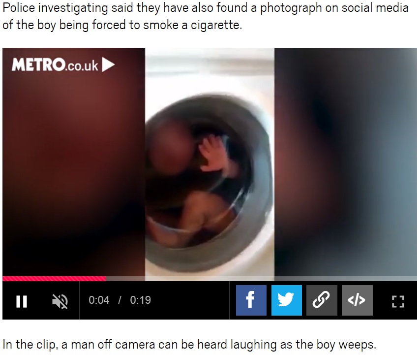 ベビーシッターが男児を洗濯機に閉じ込めて動画撮影（画像は『Metro　2018年8月20日付「Babysitter ‘shuts toddler inside washing machine then posts footage online’」』のスクリーンショット）