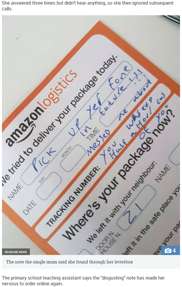 Amazon 宅配ドライバーが残した不在届（画像は『The Sun　2018年8月16日付「SPECIAL DELIVERY Amazon delivery driver leaves single mum angry note saying ‘you messed me about’ while she was in hospital with her mum who suffered broken hip」（IMAGE: DEADLINE NEWS）』のスクリーンショット）