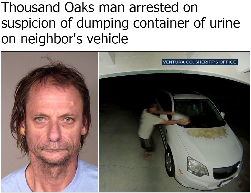 隣人の車に大量の尿をかけた男（画像は『abc7.com　2018年8月31日付「Thousand Oaks man arrested on suspicion of dumping container of urine on neighbor’s vehicle」（Ventura County Sheriff’s Office）』のスクリーンショット）