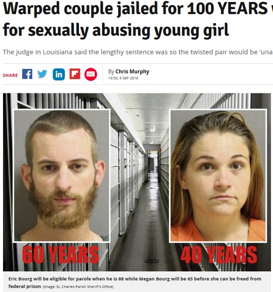 合わせて100年の懲役刑が下された夫婦（画像は『Daily Record　2018年9月10日付「Warped couple jailed for 100 YEARS without parole for sexually abusing young girl」（Image: St. Charles Parish Sheriff’s Office）』のスクリーンショット）