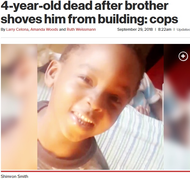 兄に屋上から投げ落とされ死亡した4歳男児（画像は『New York Post　2018年9月29日付「4-year-old dead after brother shoves him from building: cops」』のスクリーンショット）