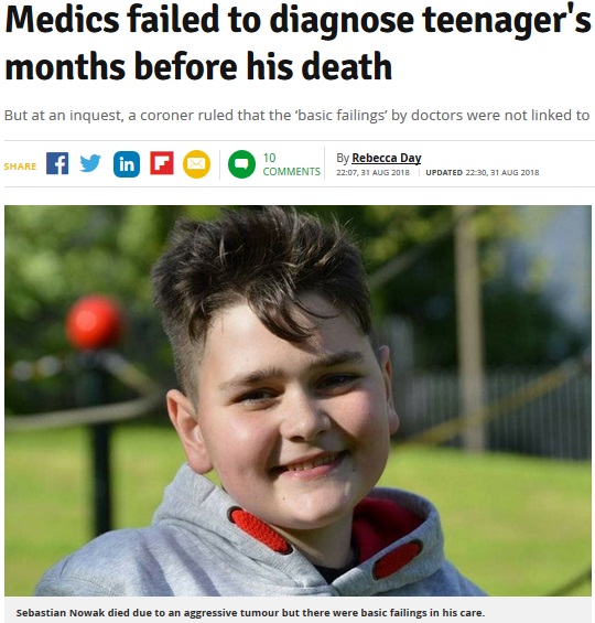 がんであることを診断されず、13歳少年死亡（画像は『Manchester Evening News　2018年8月31日付「Medics failed to diagnose teenager’s cancer in months before his death」』のスクリーンショット）