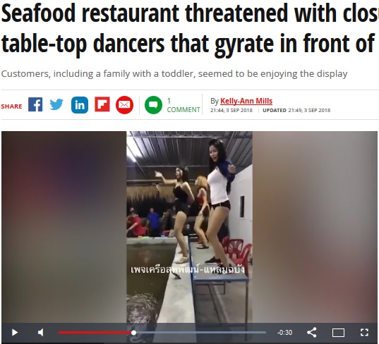 レストランの水槽前でダンスする女性達（画像は『Mirror　2018年9月3日付「Seafood restaurant threatened with closure over ‘obscene’ table-top dancers that gyrate in front of fish tanks」（Facebook）』のスクリーンショット）