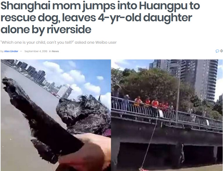 犬の救助に気をとられ、4歳娘を放置した母にネット上で物議（画像は『shanghaiist　2018年9月4日付「Shanghai mom jumps into Huangpu to rescue dog, leaves 4-yr-old daughter alone by riverside」』のスクリーンショット）