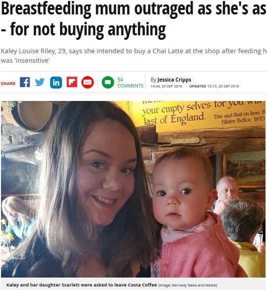 カフェで授乳した母親、先に注文せず店から追い出される（画像は『Mirror　2018年9月20日付「Breastfeeding mum outraged as she’s asked to leave Costa - for not buying anything」（Image: Kennedy News and Media）』のスクリーンショット）