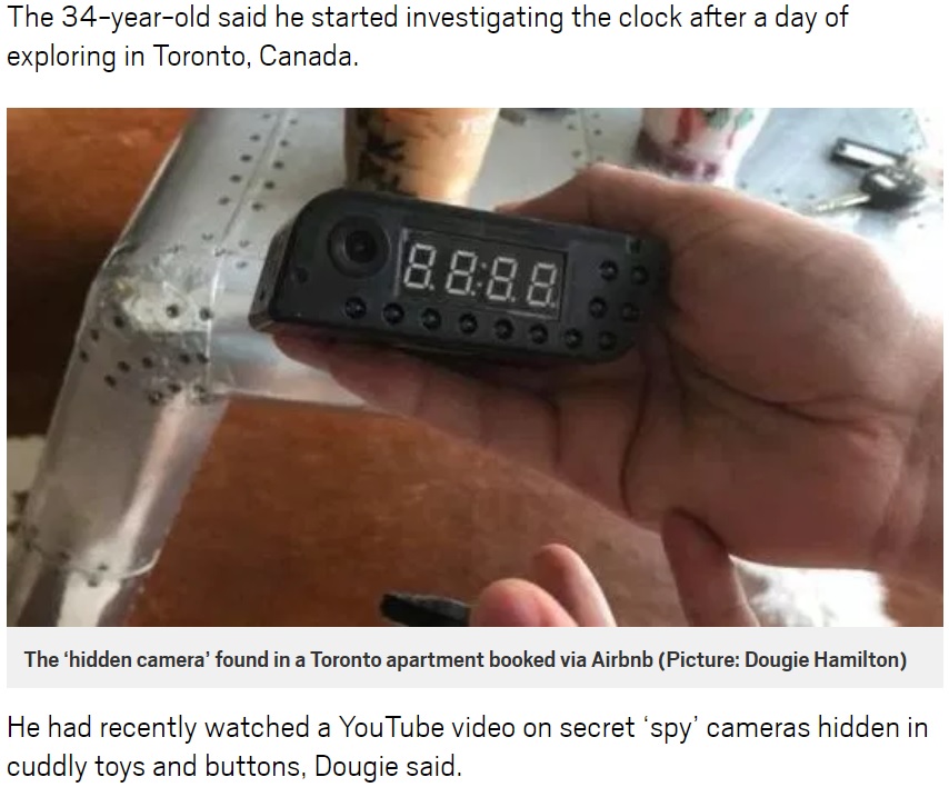 滞在先のAribnbでデジタル時計に隠しカメラが…（画像は『Metro　2018年9月10日付「Couple find ‘spy camera’ hidden in clock at Airbnb flat 」（Picture: Dougie Hamilton）』のスクリーンショット）