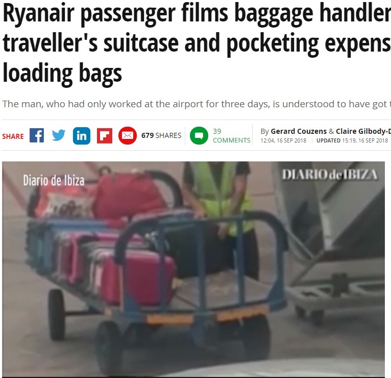 空港で荷物係が乗客の所持品を窃盗（画像は『Mirror　2018年9月16日付「Ryanair passenger films baggage handler opening traveller’s suitcase and pocketing expensive item while loading bags」（Diario de Ibiza）』のスクリーンショット）