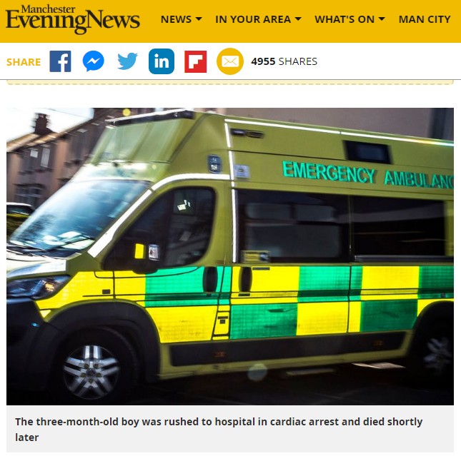 放置された乳児は心肺停止で病院に搬送されたものの…（画像は『Manchester Evening News　2018年10月24日付「Three-month-old boy died after being left strapped to pushchair for 12 hours while his mum smoked cannabis」』のスクリーンショット）