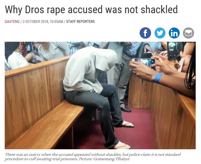 裁判所でのレイプ犯（画像は『IOL News　2018年10月3日付「Why Dros rape accused was not shackled」（Picture: Goitsemang Tlhabye）』のスクリーンショット）