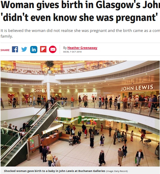 デパートで出産を迎えた女性に家族もビックリ（画像は『Daily Record　2018年10月7日付「Woman gives birth in Glasgow’s John Lewis store and ‘didn’t even know she was pregnant’」（Image: Daily Record）』のスクリーンショット）
