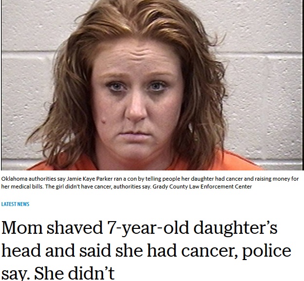我が子の髪を剃り癌だと偽らせた母親（画像は『The Kansas City Star　2018年10月11日付「Mom shaved 7-year-old daughter’s head and said she had cancer, police say. She didn’t」（Grady County Law Enforcement Center）』のスクリーンショット）
