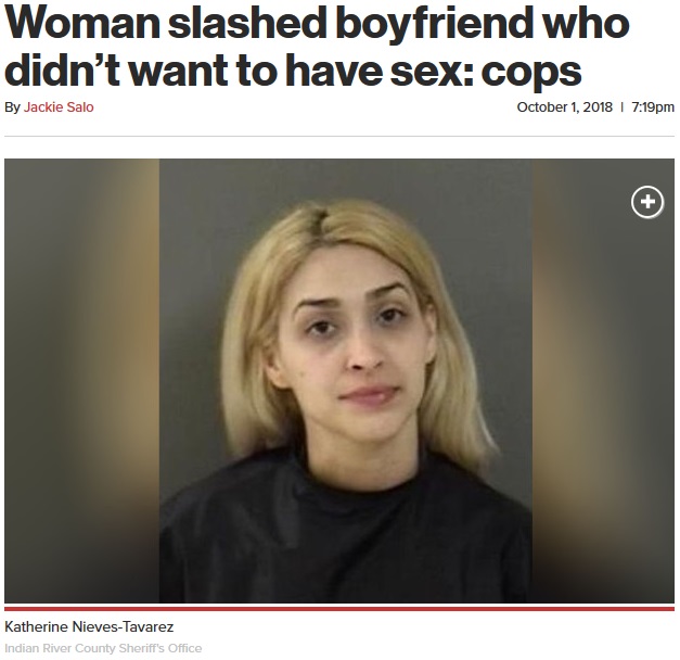 性行為を拒否され逆上、恋人を傷つけた女（画像は『New York Post　2018年10月1日付「Woman slashed boyfriend who didn’t want to have sex: cops」（Image:Indian River County Sheriff's Office）』のスクリーンショット）