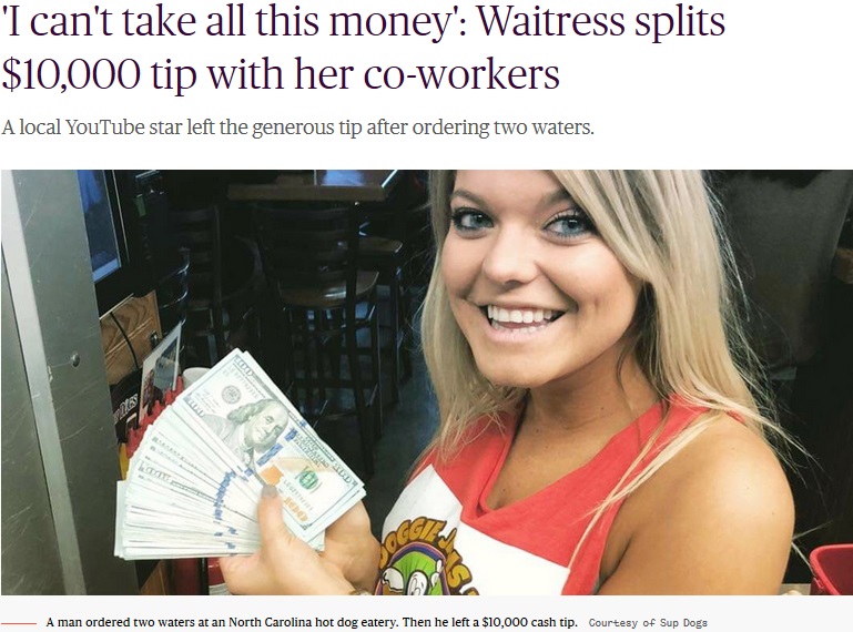 多額のチップを貰い大喜びのウエイトレス（画像は『TODAY　2018年10月24日付「‘I can’t take all this money’: Waitress splits ＄10,000 tip with her co-workers」（Courtesy of Sup Dogs）』のスクリーンショット）