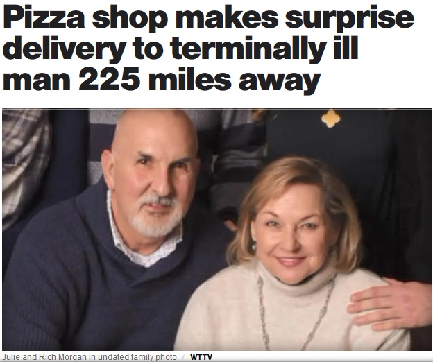 末期がんを患うリッチさん（左）のために3時間半かけてピザが届く（画像は『CBS News　2018年10月18日付「Pizza shop makes surprise delivery to terminally ill man 225 miles away」（WTTV）』のスクリーンショット）