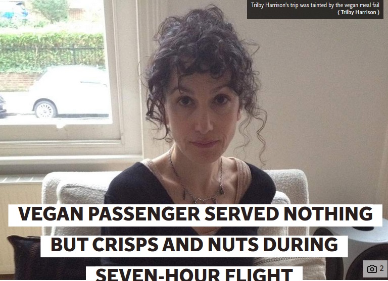 特別機内食を予約するも提供してもらえなかったヴィーガンの女性（画像は『The Independent　2018年10月25日付「Vegan passenger served nothing but crisps and nuts during seven-hour flight」』のスクリーンショット）