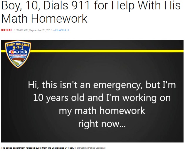 算数の宿題で行き詰った10歳少年、911に助けを求める（画像は『Inside Edition　2018年9月28日付「Boy, 10, Dials 911 for Help With His Math Homework」（Fort Collins Police Services）』のスクリーンショット）