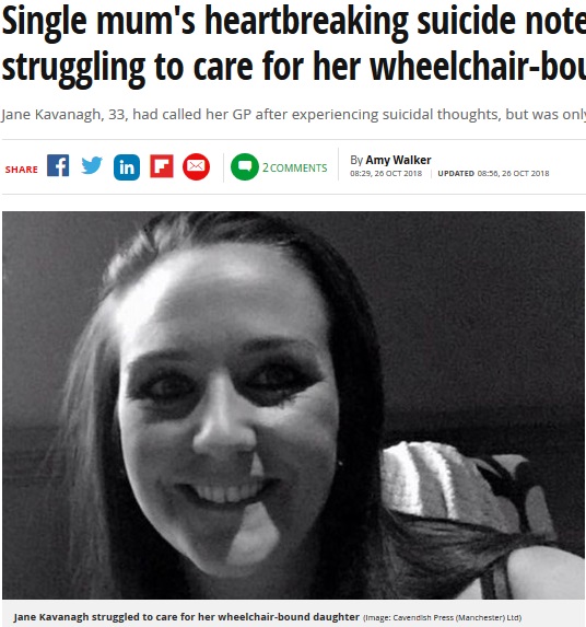 シングルマザー、障害を抱える娘を遺して自殺（画像は『Mirror　2018年10月26日付「Single mum’s heartbreaking suicide note to parents after struggling to care for her wheelchair-bound daughter」（Image: Cavendish Press （Manchester） Ltd）』のスクリーンショット）