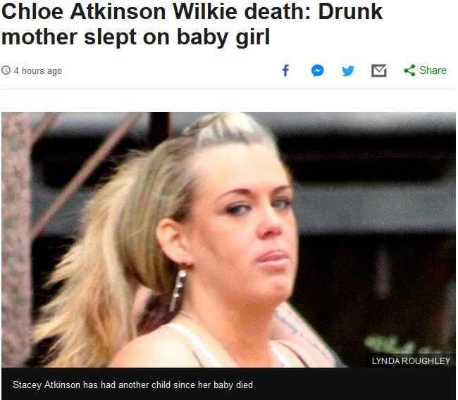 生後7週の娘を窒息死させた母（画像は『BBC News　2018年10月22日付「Chloe Atkinson Wilkie death: Drunk mother slept on baby girl」（LYNDA ROUGHLEY）』のスクリーンショット）