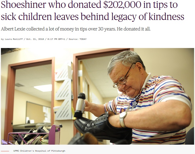 30年靴磨きで得たチップを全て子供病院へ寄付した男性（画像は『TODAY　2018年10月21日付「Shoeshiner who donated ＄202,000 in tips to sick children leaves behind legacy of kindness」（UPMC Children’s Hospital of Pittsburgh）』のスクリーンショット）