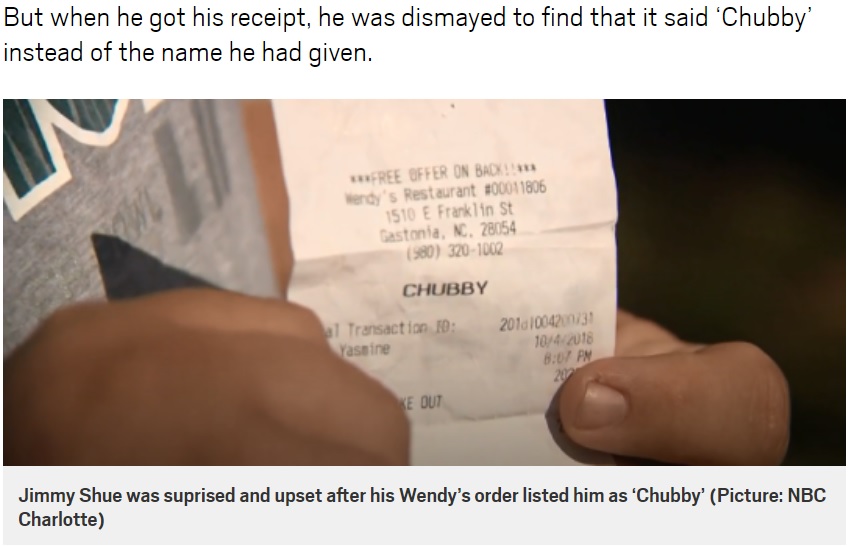 客へ渡すレストランのレシートに「デブ」の文字が…（画像は『Metro　2018年10月17日付「Restaurant customer left distraught after server called him ‘Chubby’ on receipt」（Picture: NBC Charlotte）』のスクリーンショット）