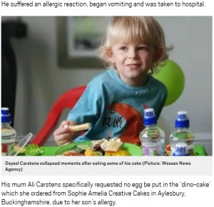 【海外発！Breaking News】卵アレルギーの3歳男児、「卵なし」と注文したバースデーケーキでショック症状に（英）