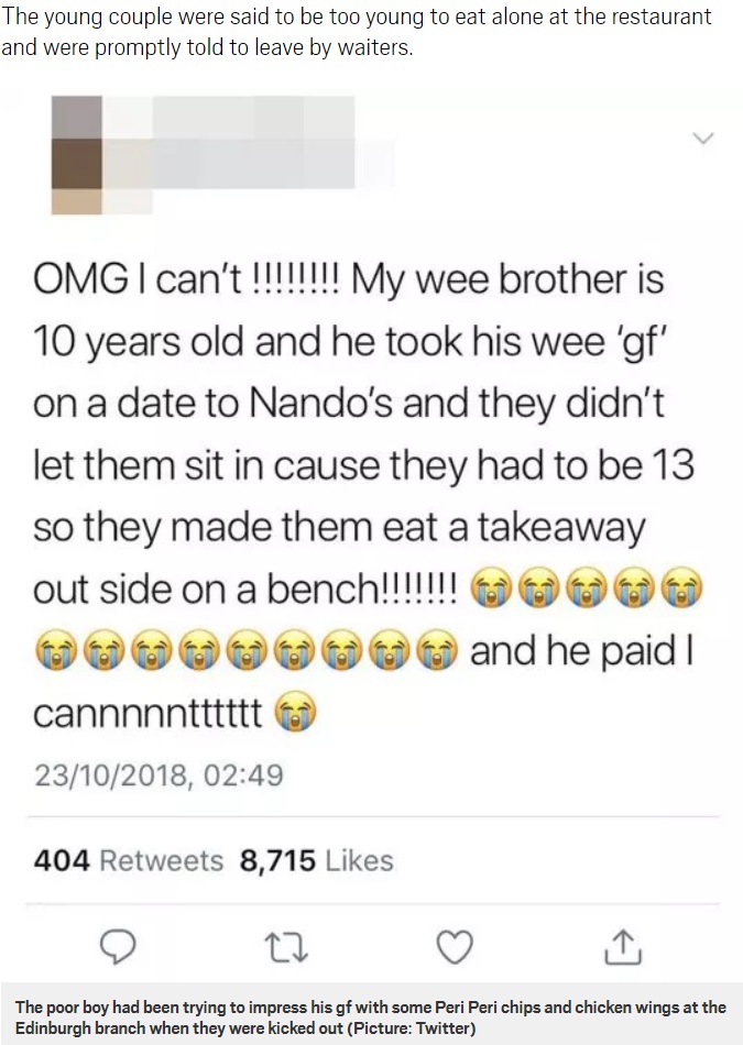 10歳弟がレストランで食事できず「信じられない」と姉がツイート（画像は『Metro　2018年10月24日付「Boy, 10, kicked out of Nando’s while on a date with his ‘wee girlfriend’」（Picture: Twitter）』のスクリーンショット）