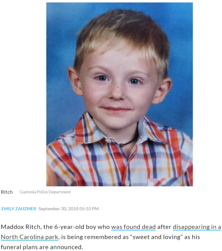 6歳男児が変わり果てた姿で見つかる（画像は『PEOPLE.com　2018年9月30日付「Maddox Ritch Remembered as ‘Sweet and Loving Little Boy’ as Funeral Plans Are Announced」（Gastonia Police Department）』のスクリーンショット）