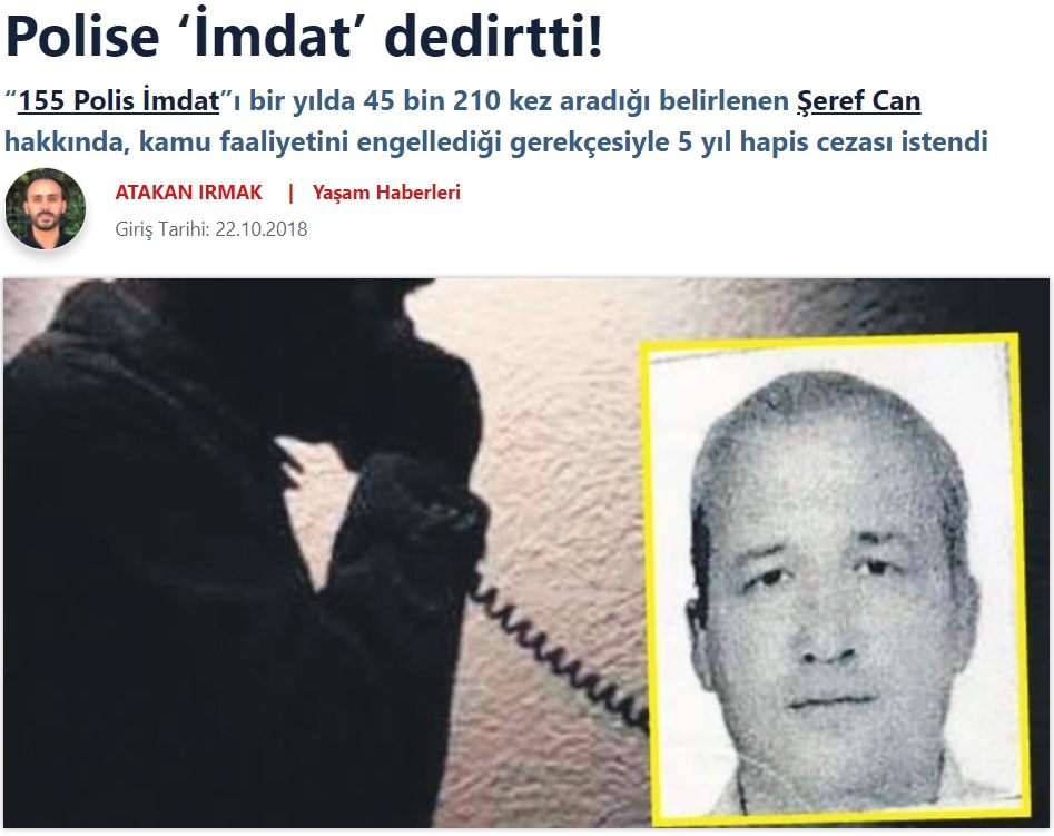 孤独を理由に緊急通報ナンバーに迷惑コールをし続けた男、刑務所行きの可能性（画像は『SABAH　2018年10月22日付「Polise ‘İmdat’ dedirtti!」』のスクリーンショット）