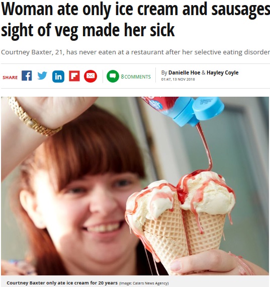 20年間の摂食障害を克服した女性（画像は『Mirror　2018年11月13日付「Woman ate only ice cream and sausages for 20 YEARS as sight of veg made her sick」（Image: Caters News Agency）』のスクリーンショット）