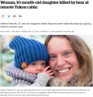 【海外発！Breaking News】10か月の娘と産休中の母親、ハイイログマに襲われ死亡（カナダ）