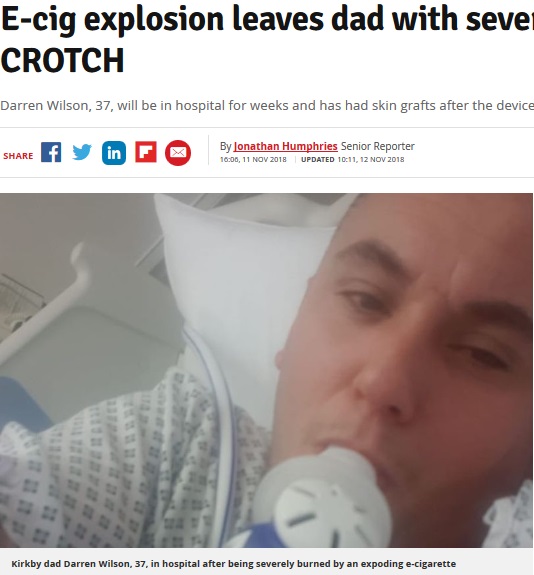電子タバコの爆発で大やけどした男性（画像は『Liverpool Echo　2018年11月12日付「E-cig explosion leaves dad with severe burns to CROTCH」（Image: Darren Wilson）』のスクリーンショット）