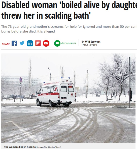 障害抱える73歳女性、嫁に熱湯に放り込まれ大やけどで死亡（画像は『Mirror　2018年11月9日付「Disabled woman ‘boiled alive by daughter-in-law who threw her in scalding bath’」（Image: The Siberian Times）』のスクリーンショット）