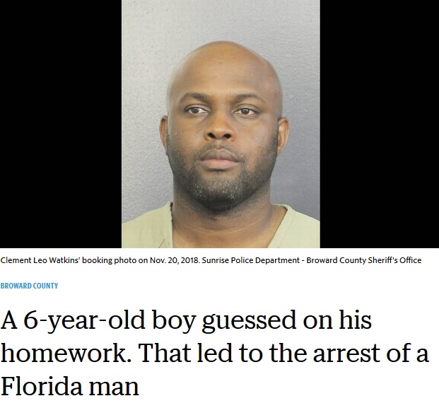 6歳息子の頭をスマホで殴りつけた男（画像は『Miami Herald　2018年11月21日付「A 6-year-old boy guessed on his homework. That led to the arrest of a Florida man」（Broward County Sheriff’s Office）』のスクリーンショット）