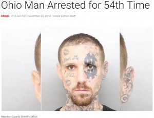 【海外発！Breaking News】顔に派手なタトゥーの男、逮捕され前科54犯に（米）