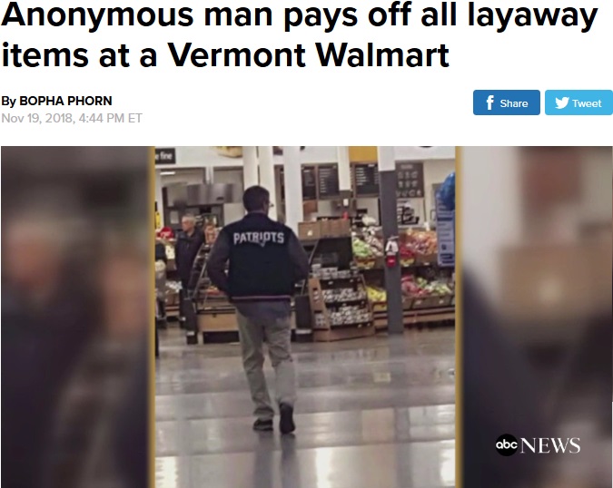 見知らぬ客の商品を支払った男性（画像は『ABC News　2018年11月19日付「Anonymous man pays off all layaway items at a Vermont Walmart」』のスクリーンショット）