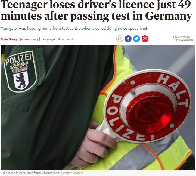 ドイツの少年、免許取得から1時間も経たず免停に（画像は『The Independent　2018年11月22日付「Teenager loses driver’s licence just 49 minutes after passing test in Germany」（Reuters）』のスクリーンショット）