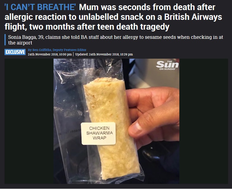 機内で出されたチキンラップを食べた女性、ショック症状を起こす（画像は『The Sun　2018年11月24日付「‘I CAN’T BREATHE’ Mum was seconds from death after allergic reaction to unlabelled snack on a British Airways flight, two months after teen death tragedy」』のスクリーンショット）