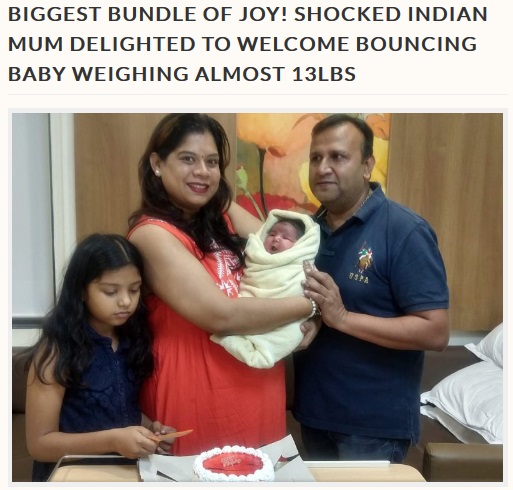 5,783gの女児が誕生し喜びいっぱいの一家（画像は『Storytrender　2018年11月28日付「BIGGEST BUNDLE OF JOY! SHOCKED INDIAN MUM DELIGHTED TO WELCOME BOUNCING BABY WEIGHING ALMOST 13LBS」（Pic By Caters News）』のスクリーンショット）