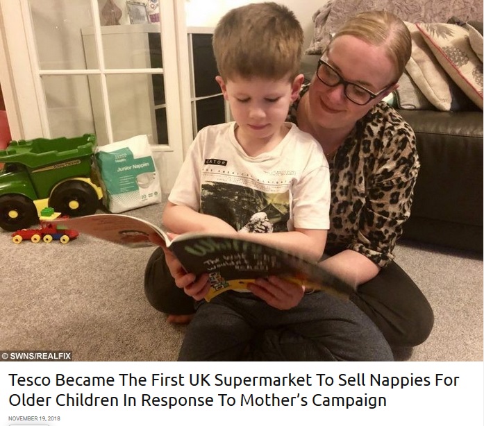母の努力報われ、スーパーTESCOがジュニア用紙おむつの販売を開始（画像は『real fix　2018年11月19日付「Tesco Became The First UK Supermarket To Sell Nappies For Older Children In Response To Mother’s Campaign」』のスクリーンショット）