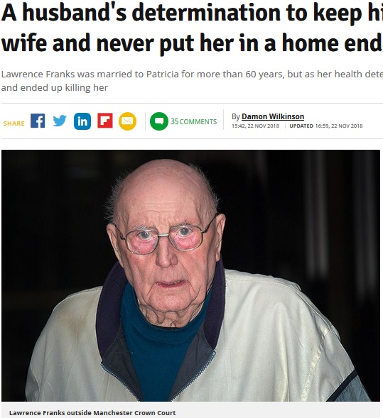 認知症だった86歳妻を殺害した84歳の夫（画像は『Manchester Evening News　2018年11月22日付「A husband’s determination to keep his promise to his wife and never put her in a home ended in tragedy」』のスクリーンショット）