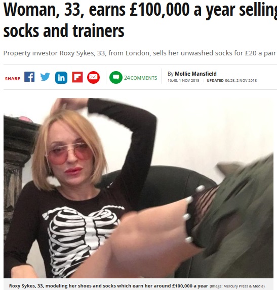 臭い付き靴下や使用済みの靴を売って稼ぐ女性（画像は『Mirror　2018年11月2日付「Woman, 33, earns ￡100,000 a year selling her unwashed socks and trainers」（Image: Mercury Press ＆ Media）』のスクリーンショット）