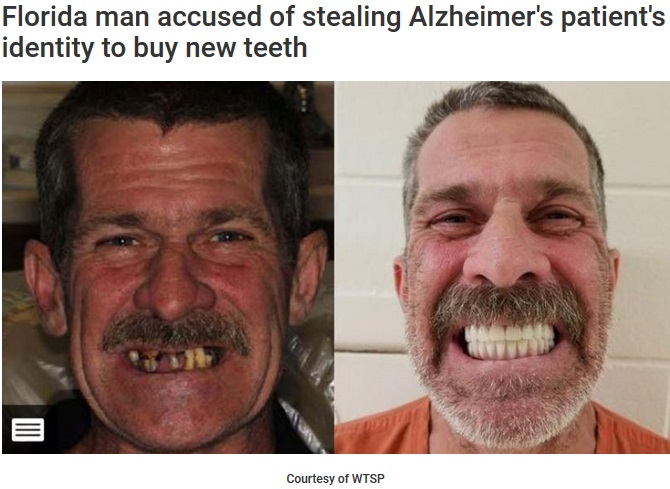 他人のIDで新しい歯を入れた男、マグショットで笑顔見せる（画像は『WVLT-TV　2018年11月20日付「Florida man accused of stealing Alzheimer’s patient’s identity to buy new teeth」（Courtesy of WTSP）』のスクリーンショット）