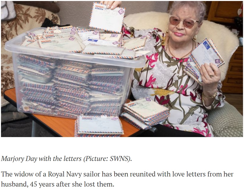 亡き夫からのかつての手紙を「ゆっくり読み進めているの」と84歳女性（画像は『Forces Network　2018年11月22日付「Widow Reunited With Love Letters Sent By Sailor Husband」（Picture: SWNS）』のスクリーンショット）
